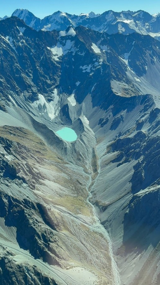 Glacial lake surrounded by a moraine below Mt Ronald Adair, Canterbury, New Zealand 