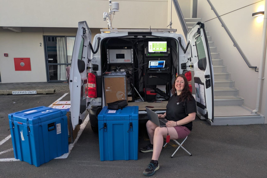 Dr Leigh Fleming checks out the mobile lab data at one of their sampling spots in Nelson. Photo: Brayden Lewellen